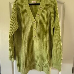 Pink Lily Lime Green Waffle Knit V-Neck Button Sweater